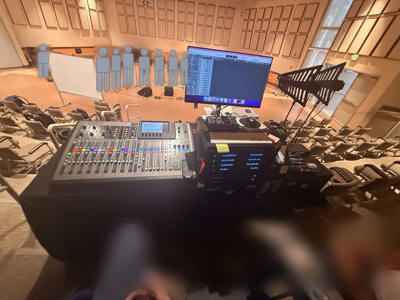 Front of house in Salmon: the Behringer X32 console, the wireless rack and the recording computer, looking toward the stage.